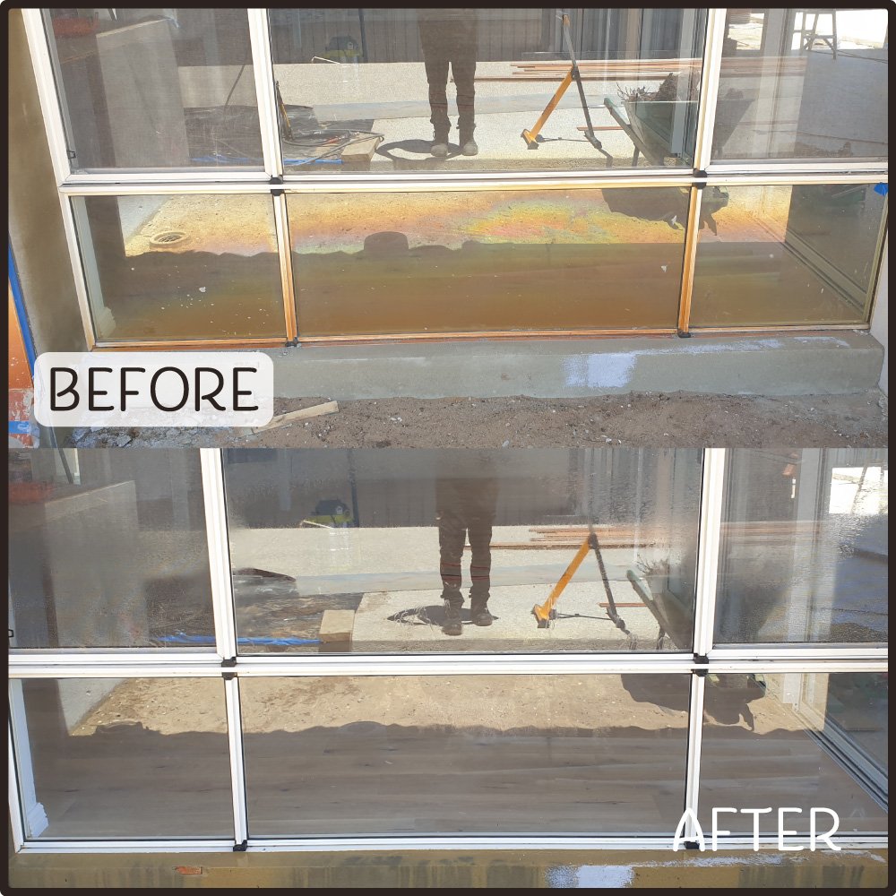 Before and after photo of bore stain removal from a colorbond window frame around Perth