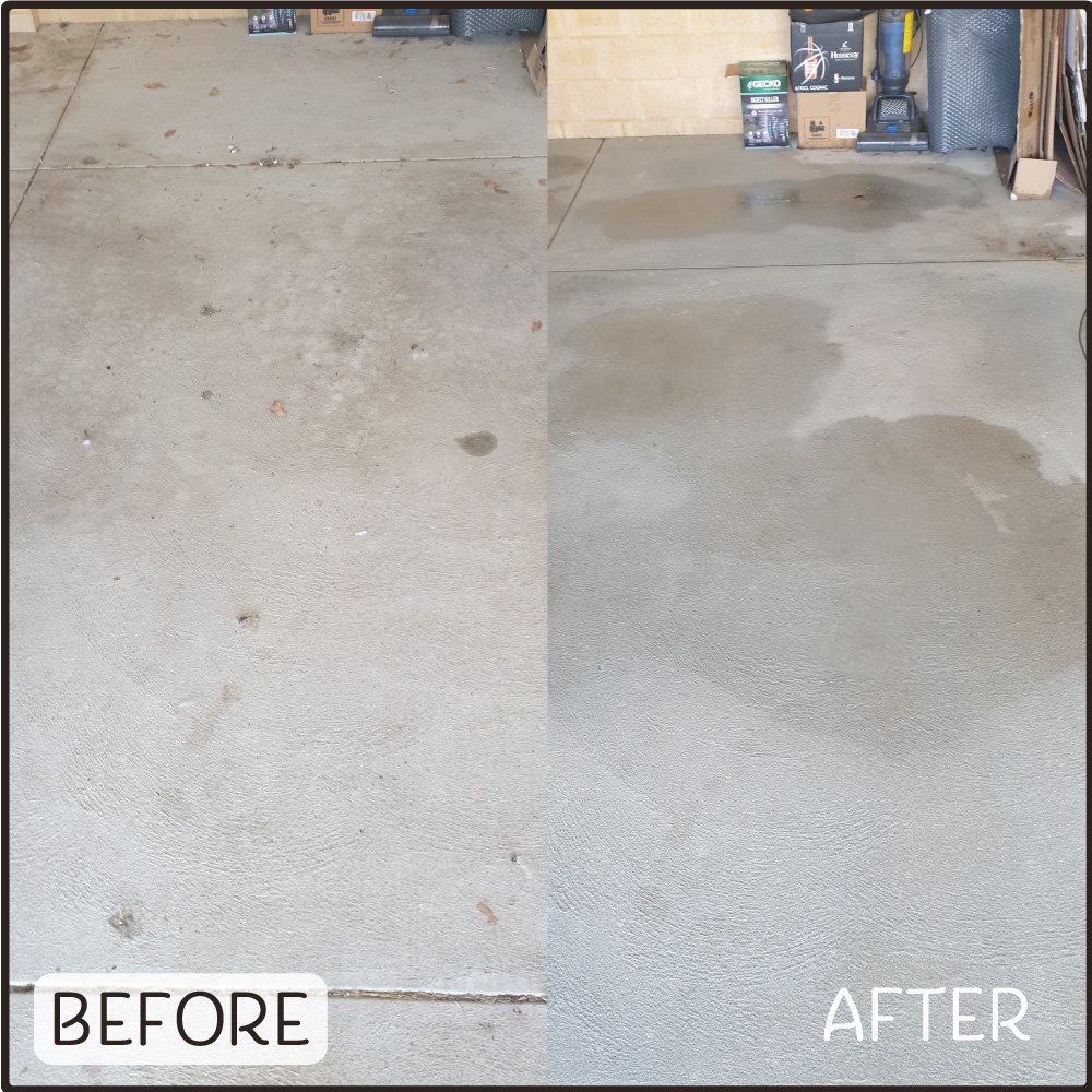 Before and after photo showing how a Perth concrete carport floor can be refreshed with a pressure clean