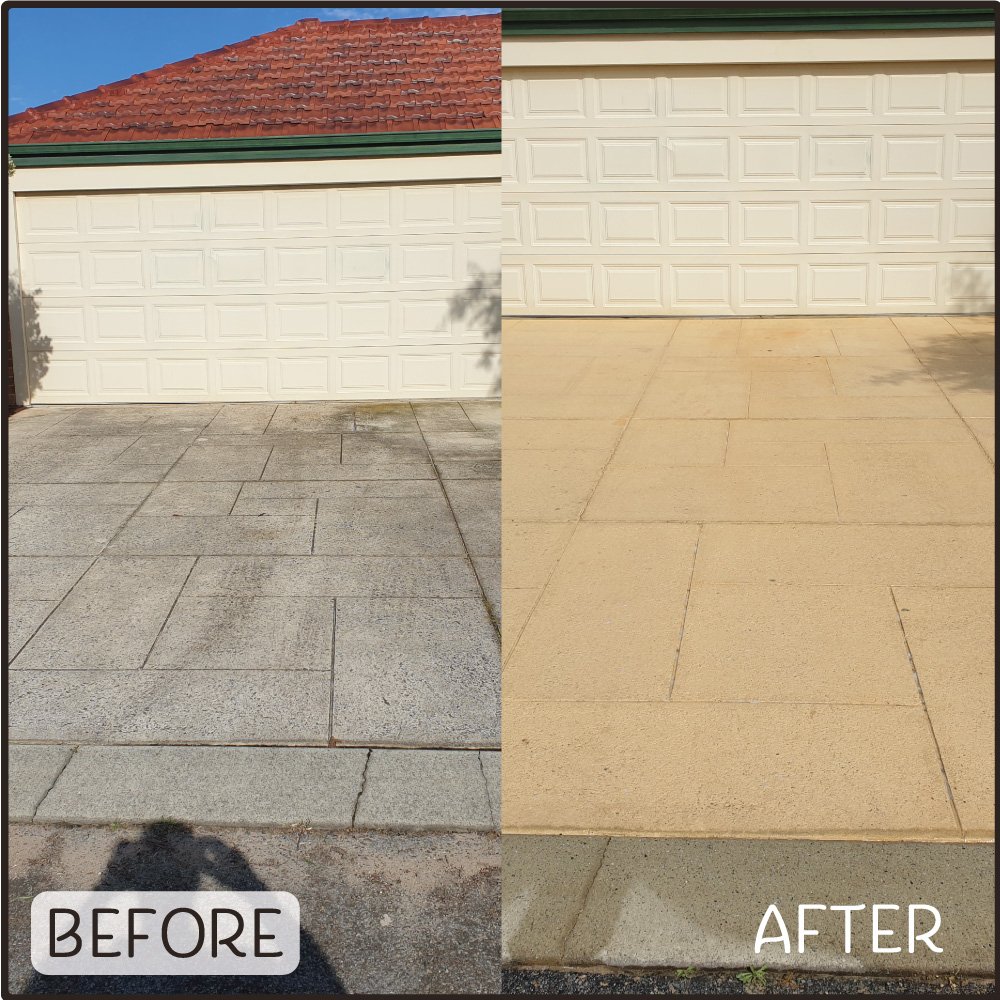 Before and after showing how pressure cleaning a Perth poured limestone driveway makes it look brand new