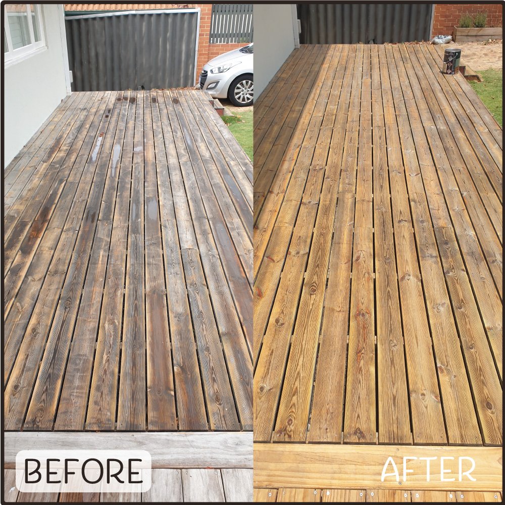 Before and after showing the cleaning and oiling of a Pine deck from perth
