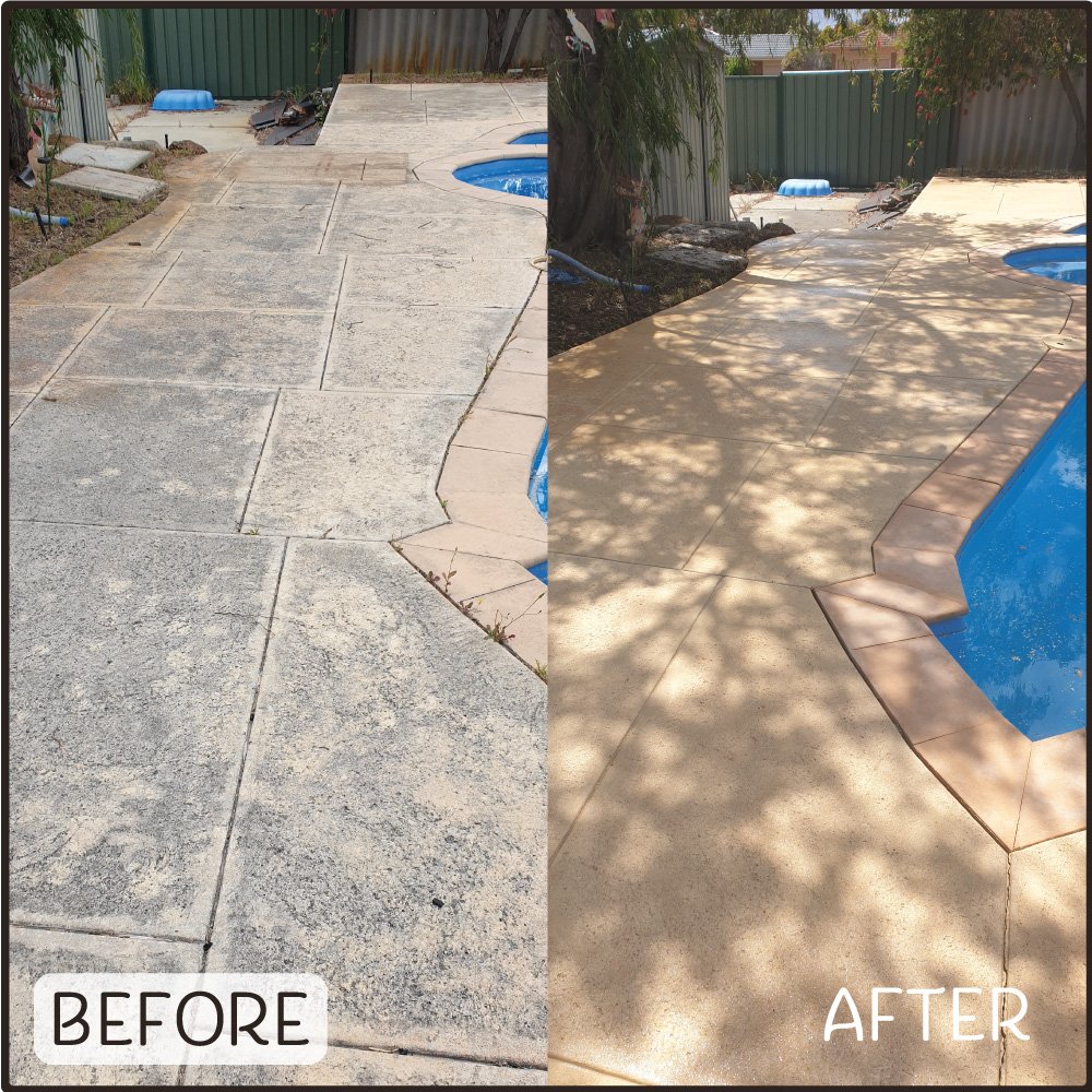 Before and after photo showing how a pressure clean can make a Perth pool enjoyable to use again