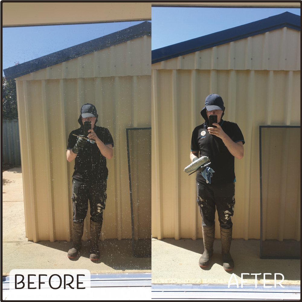 Before and after photo showing how cleaning this Perth window made it into a mirror